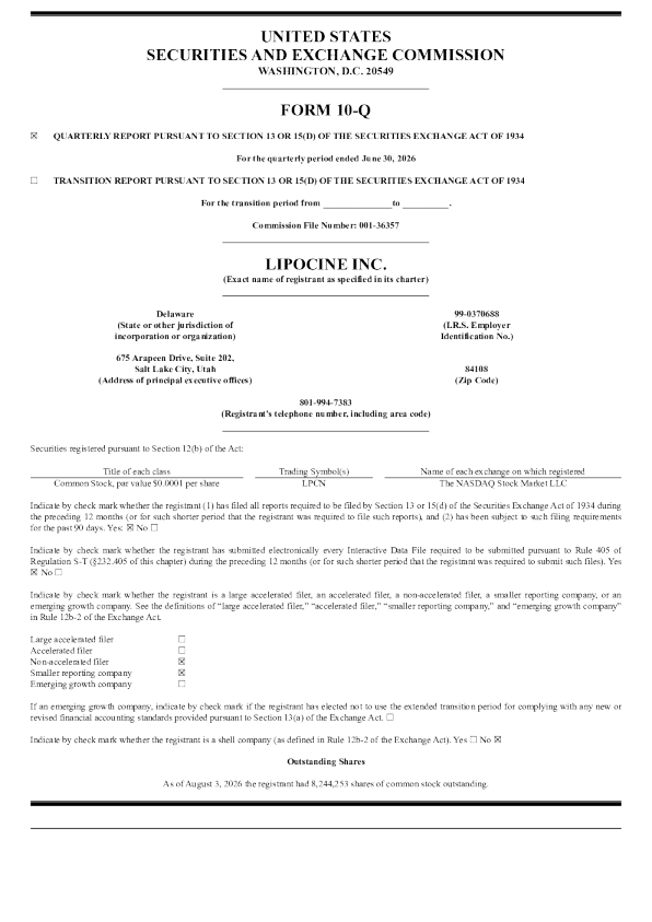 
Lipocine Inc 2026年季度报告