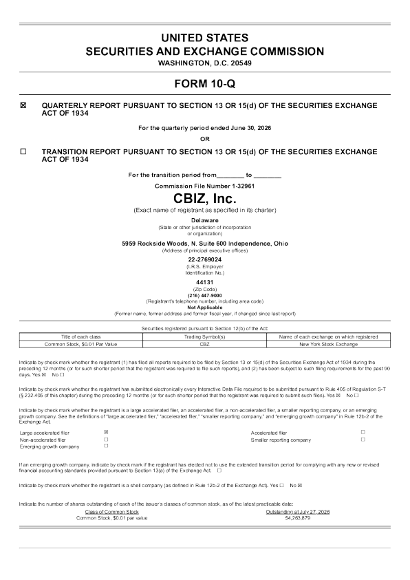 CBIZ Inc 2026年季度报告