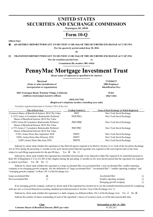 PennyMac Mortgage Investment Trust 2026年季度报告