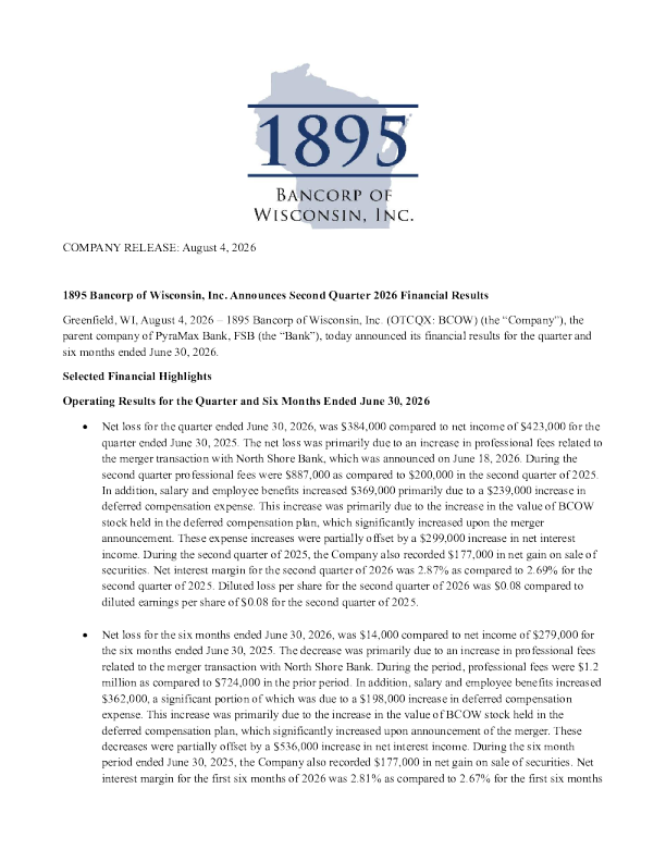 1895 Bancorp of Wisconsin Inc 2026年三季度报告