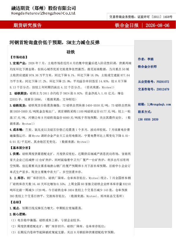 铁合金日报-河钢首轮询盘价低于预期，SM主力减仓反弹
