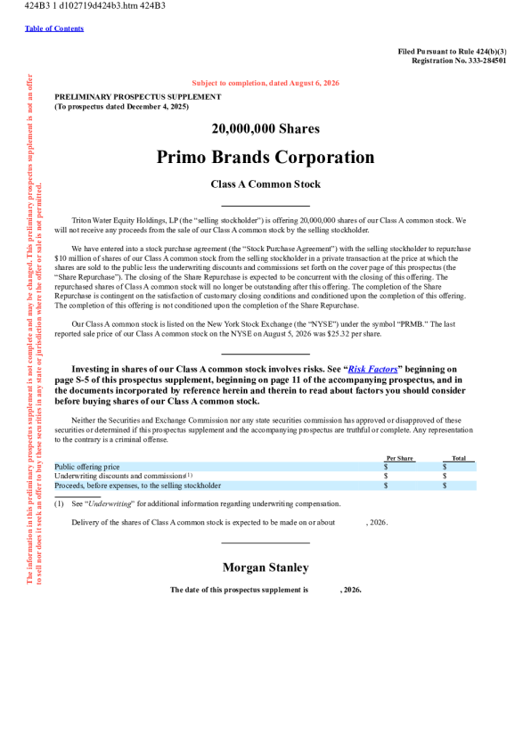 Primo Brands Corp-A美股招股说明书(2026-08-06版)