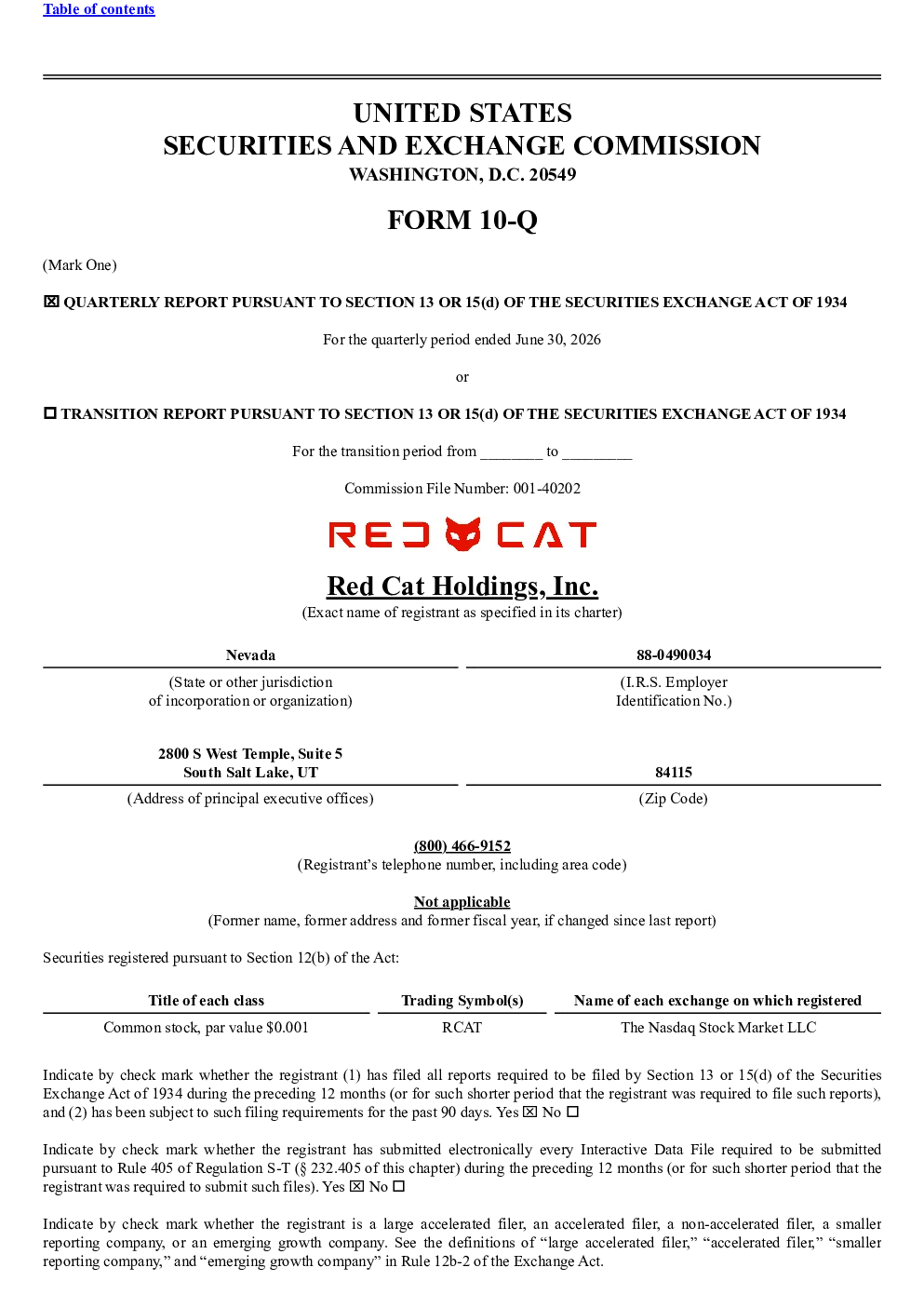 Red Cat Holdings Inc 2026年季度报告