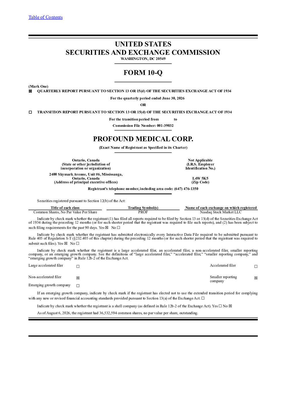 Profound Medical Corp 2026年季度报告