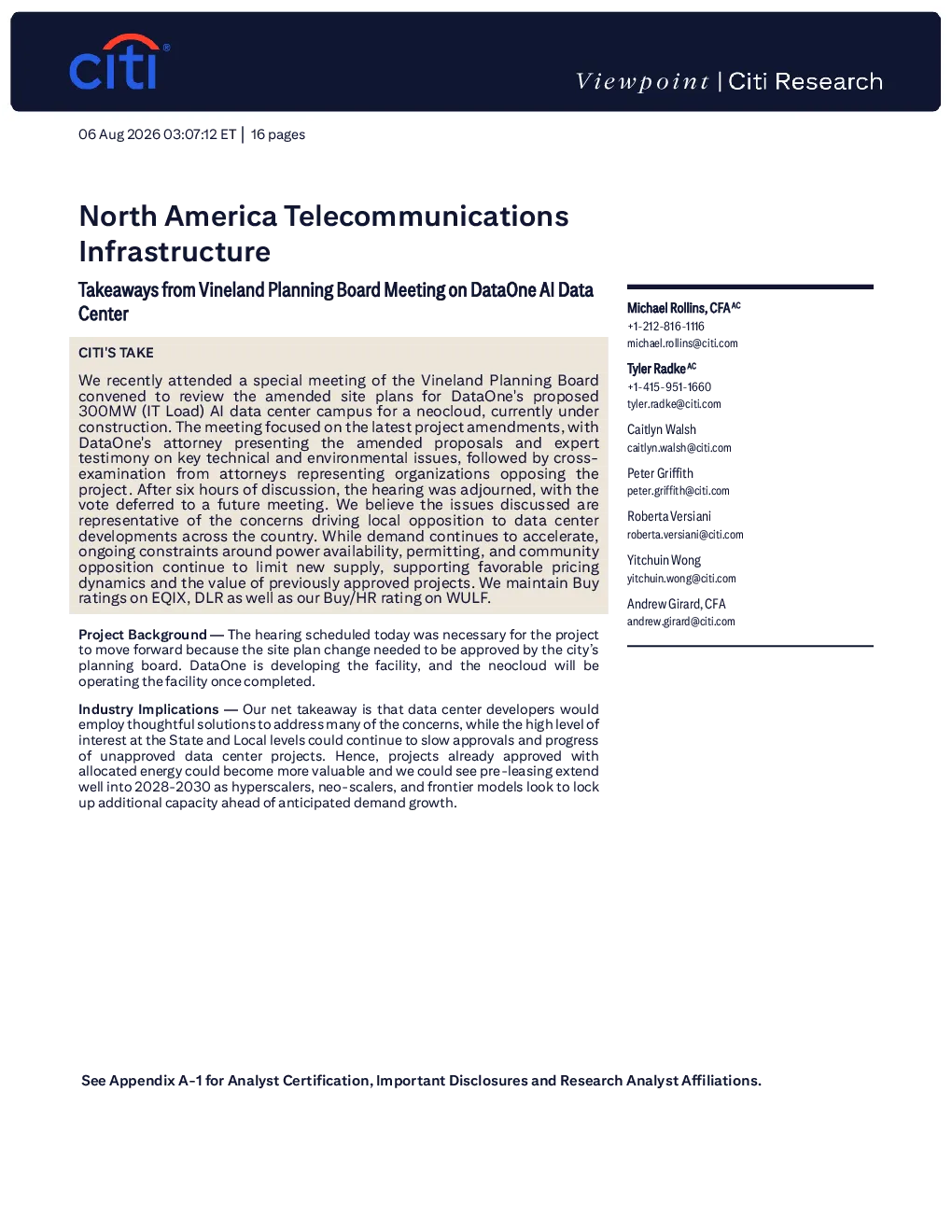 花旗北美电信基础设施：瓦恩兰规划委员会DataOne人工智能数据中心会议要点