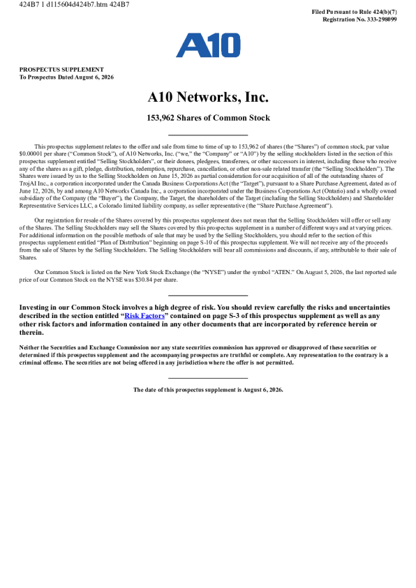 A10 Networks Inc美股招股说明书(2026-08-07版)