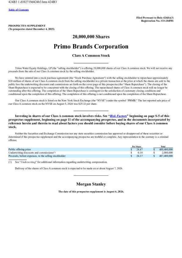 Primo Brands Corp-A美股招股说明书(2026-08-07版)