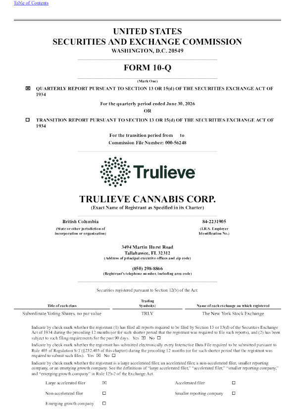 
Trulieve Cannabis Corp 2026年季度报告