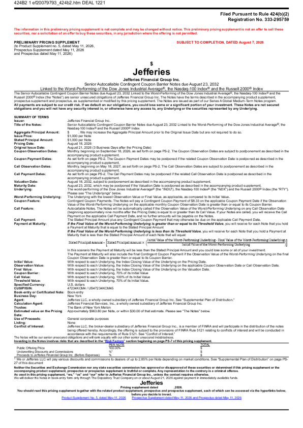 Jefferies Financial Group Inc美股招股说明书(2026-08-07版)