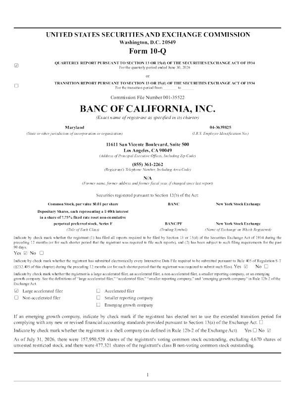 Banc of California 2026年季度报告