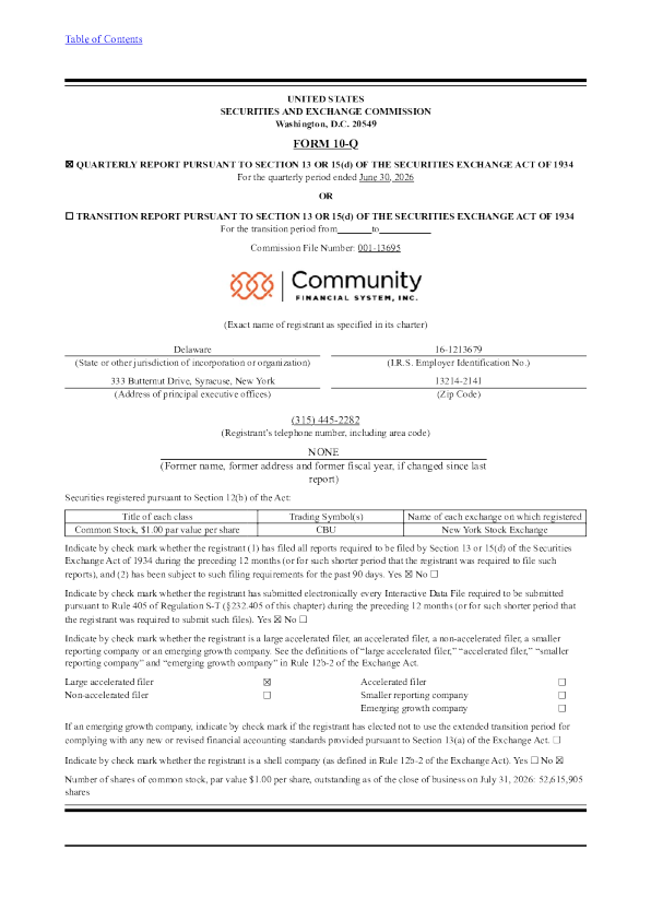 Community Financial System 2026年季度报告