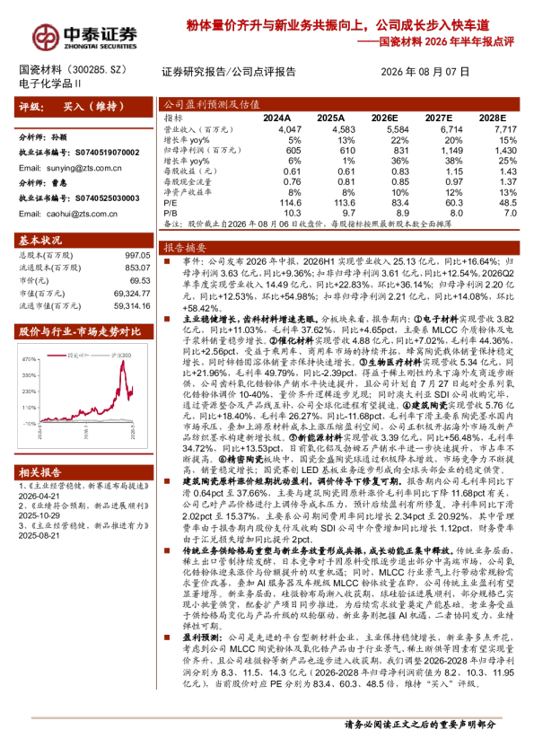 粉体量价齐升与新业务共振向上，公司成长步入快车道