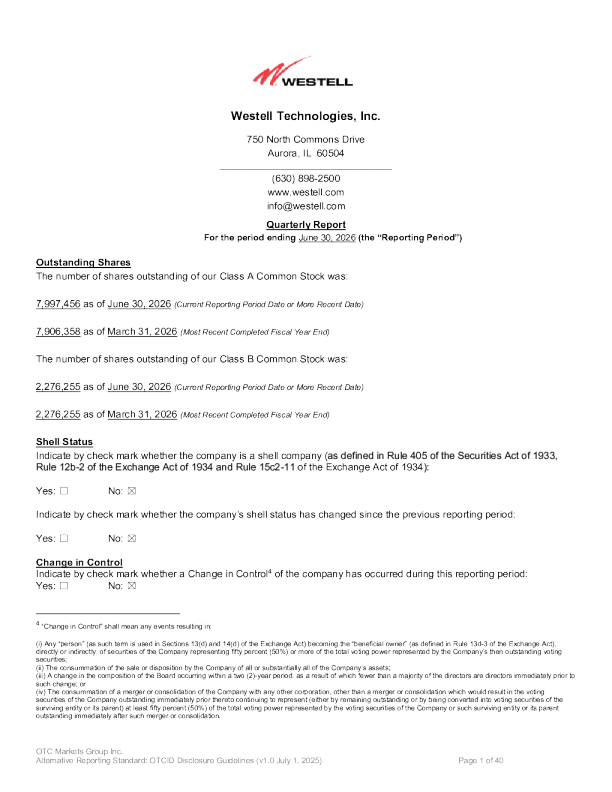
Westell Technologies Inc 2026年季度报告