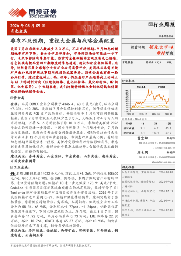 有色金属行业周报：非农不及预期，重视大金属与战略金属配置