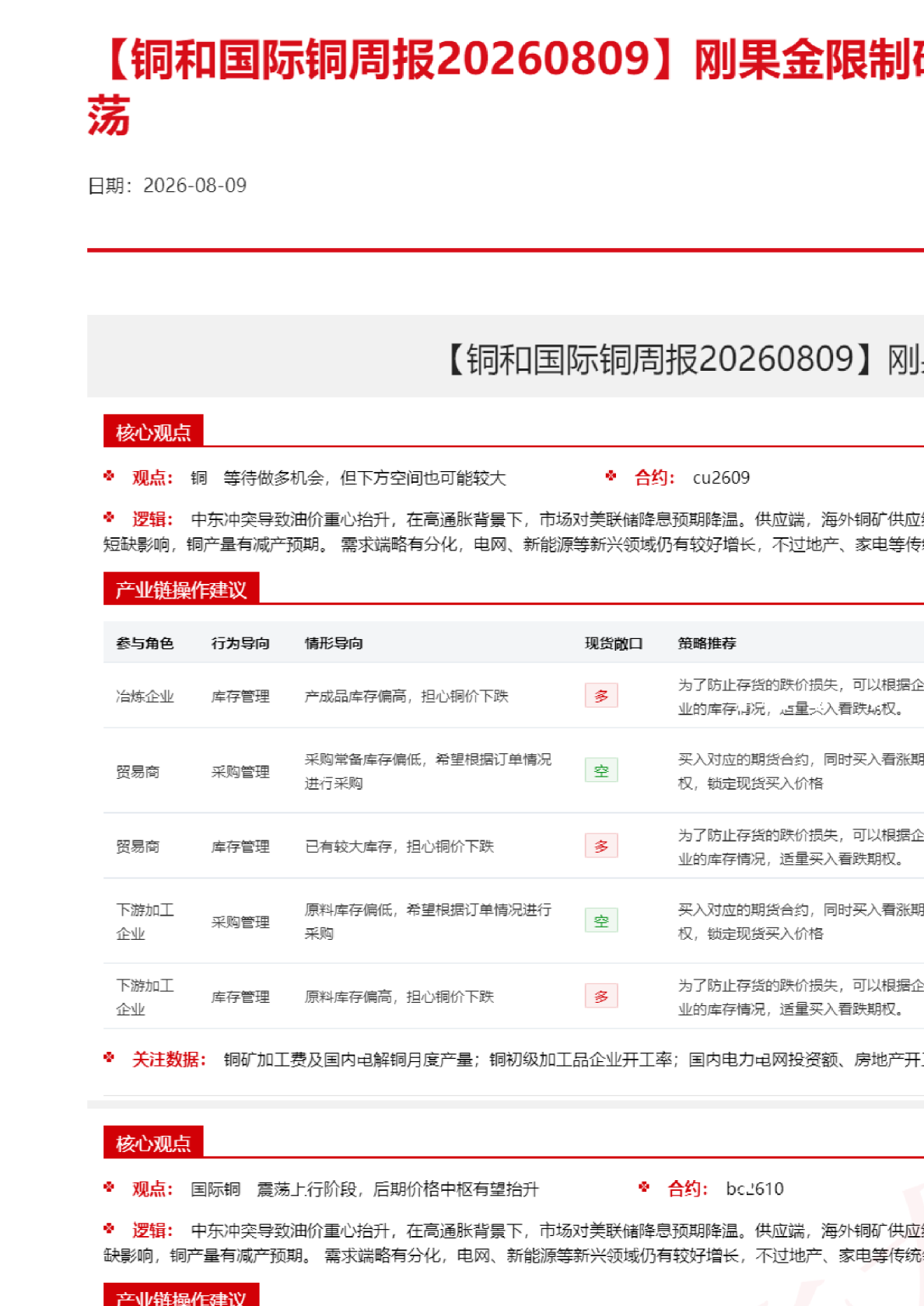 【铜和国际铜周报】刚果金限制矿产出口，铜价高位震荡