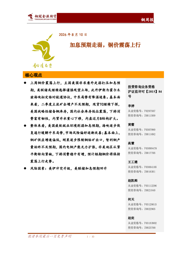 铜周报：加息预期走弱，铜价震荡上行