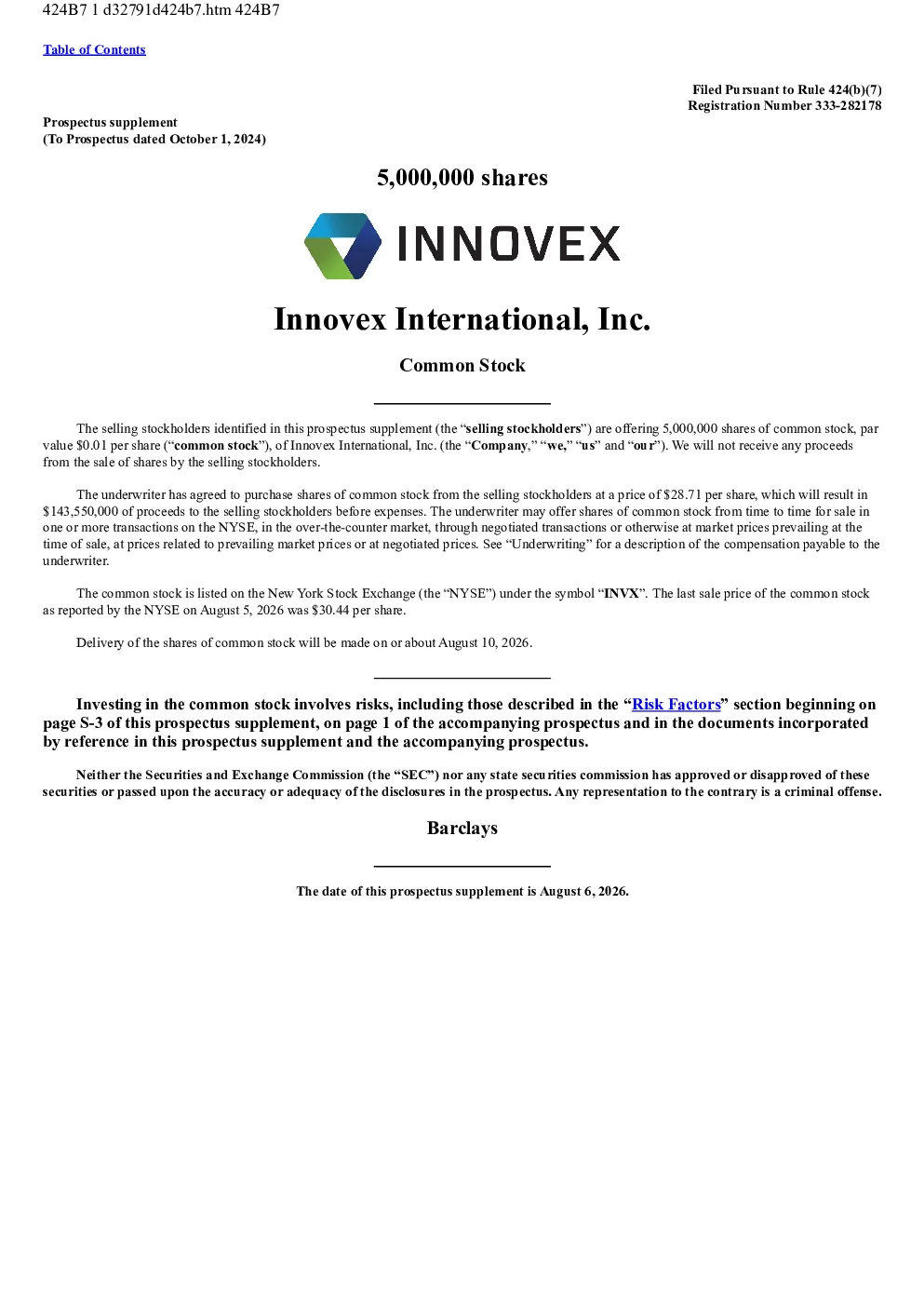 Innovex International Inc美股招股说明书(2026-08-10版)