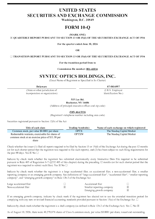 Syntec Optics Holdings Inc-A 2026年季度报告
