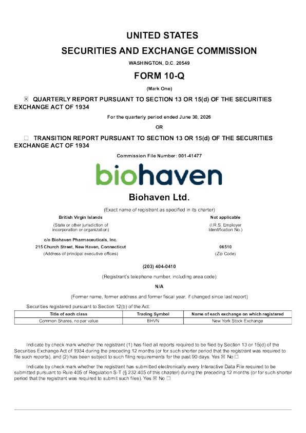 Biohaven Ltd 2026年季度报告