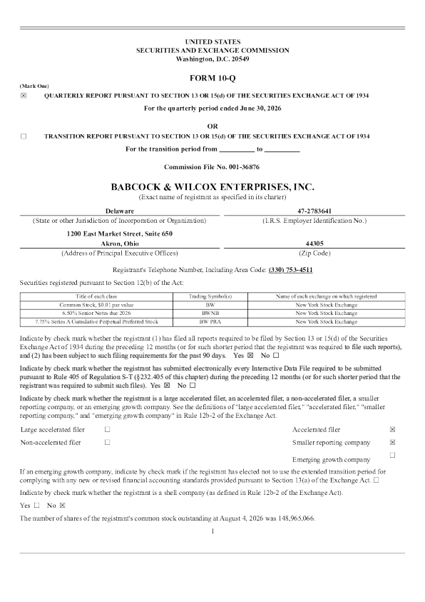 Babcock & Wilcox Enterprises 2026年季度报告