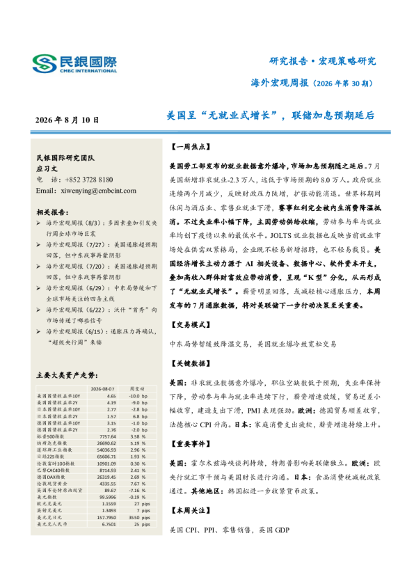 海外宏观周报（2026年第30期）：美国呈“无就业式增长”，联储加息预期延后