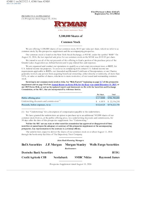 
Ryman Hospitality Properties Inc. 美股招股说明书（2026年8月11日版）