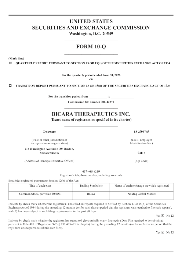 Bicara Therapeutics 2026年季度报告