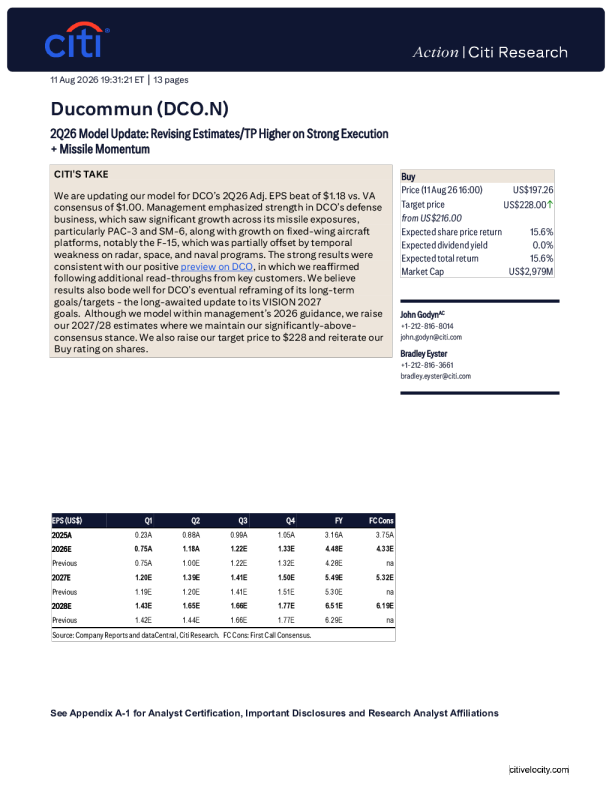Ducommun（DCO.N）2Q26模型更新：强劲执行力推动预估与目标价上调