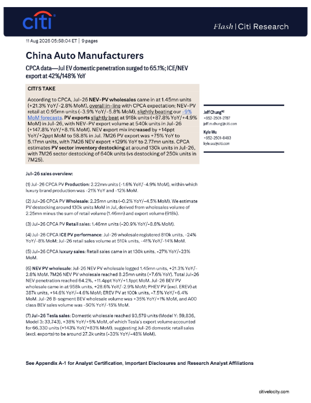 中国汽车制造商：2026年7月新能源汽车国内渗透率飙升至65.1%；ICE/NEV出口同比增长42%/148%