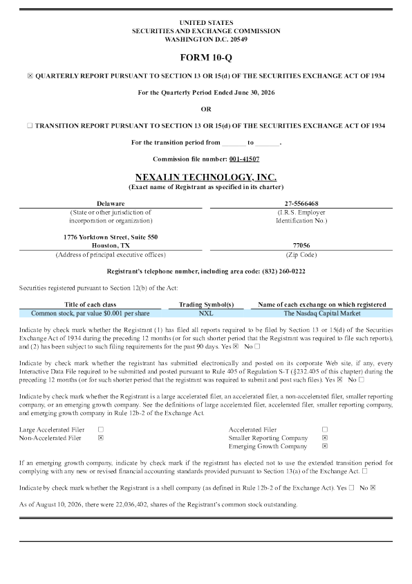 Nexalin Technology Inc 2026年季度报告