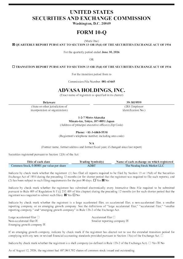Advasa Holdings Inc 2026年季度报告