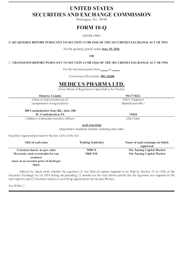 Medicus Pharma Ltd 2026年季度报告