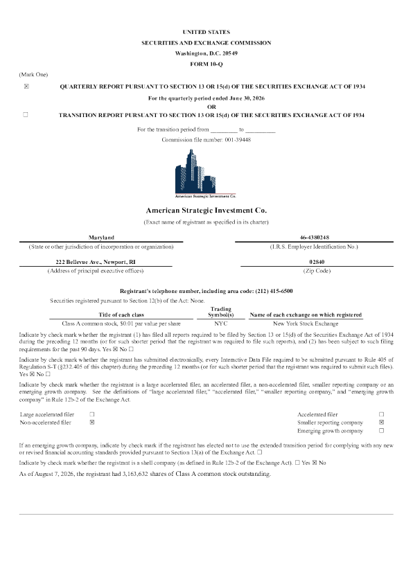 American Strategic Investment Co-A 2026年季度报告