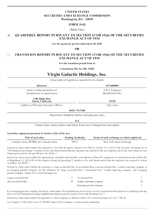维珍银河 2026年季度报告