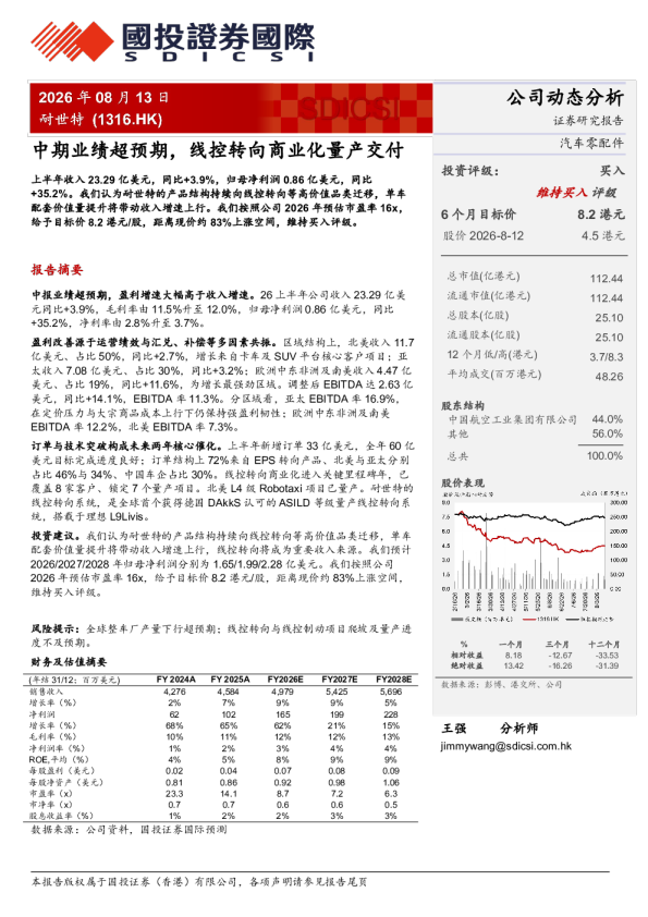 中期业绩超预期，线控转向商业化量产交付