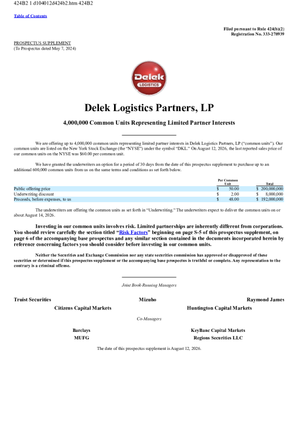 Delek Logistics Partners LP美股招股说明书(2026-08-14版)