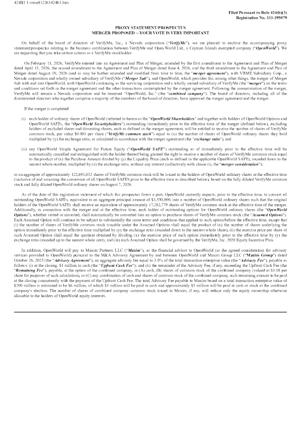 VerifyMe Inc美股招股说明书(2026-08-14版)