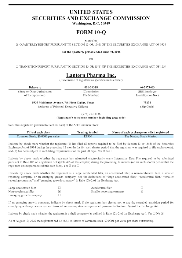 Lantern Pharma Inc 2026年季度报告
