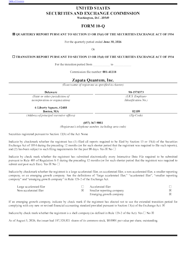 Zapata Quantum Inc 2026年季度报告