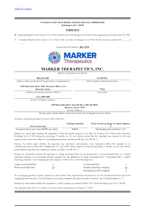 
Marker Therapeutics Inc 2026年季度报告