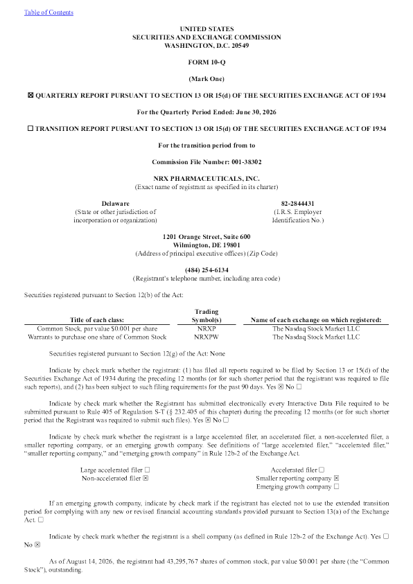 
NRX制药公司2026年季度报告