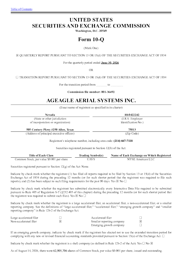 
AgEagle天线系统2026年季度报告