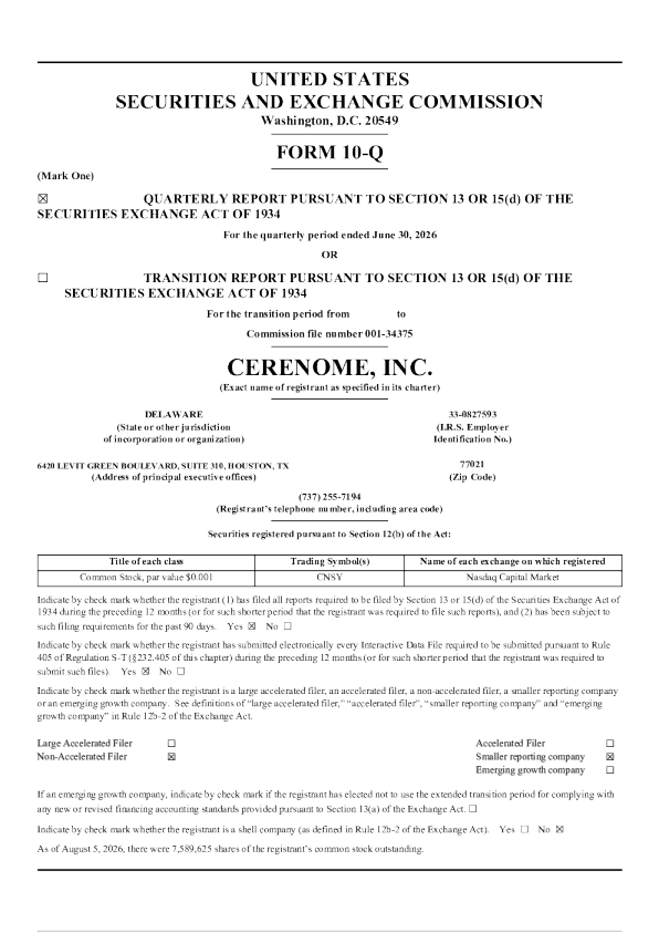 
Cerenome Inc 2026年季度报告