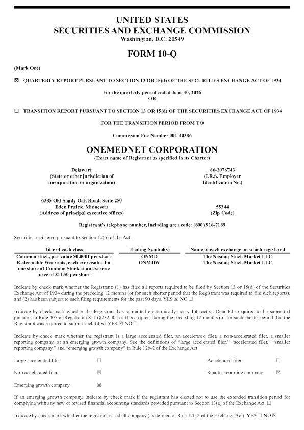 
OneMedNet Corp 2026年季度报告