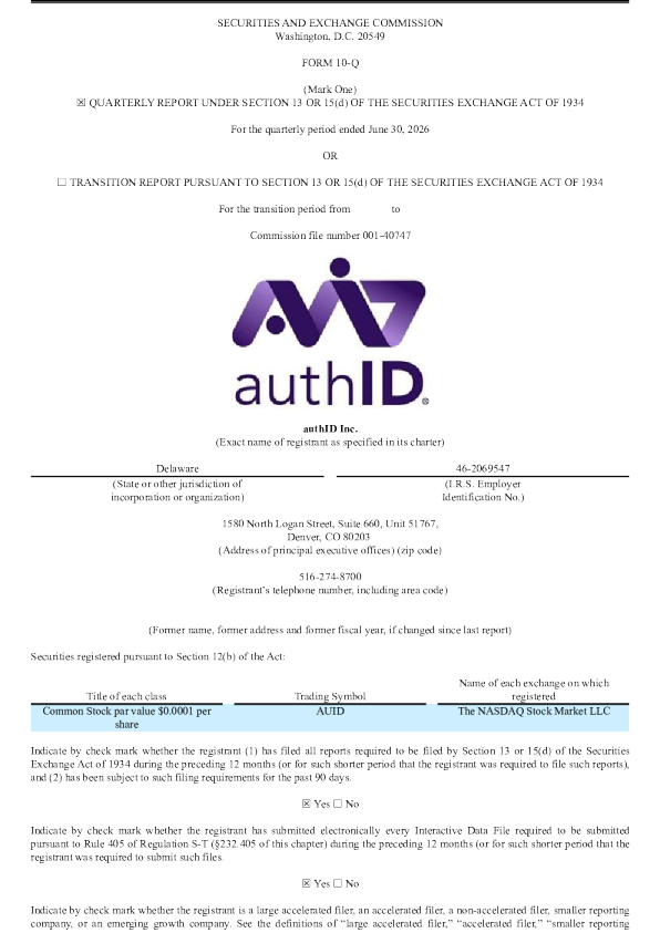
authID Inc 2026年季度报告