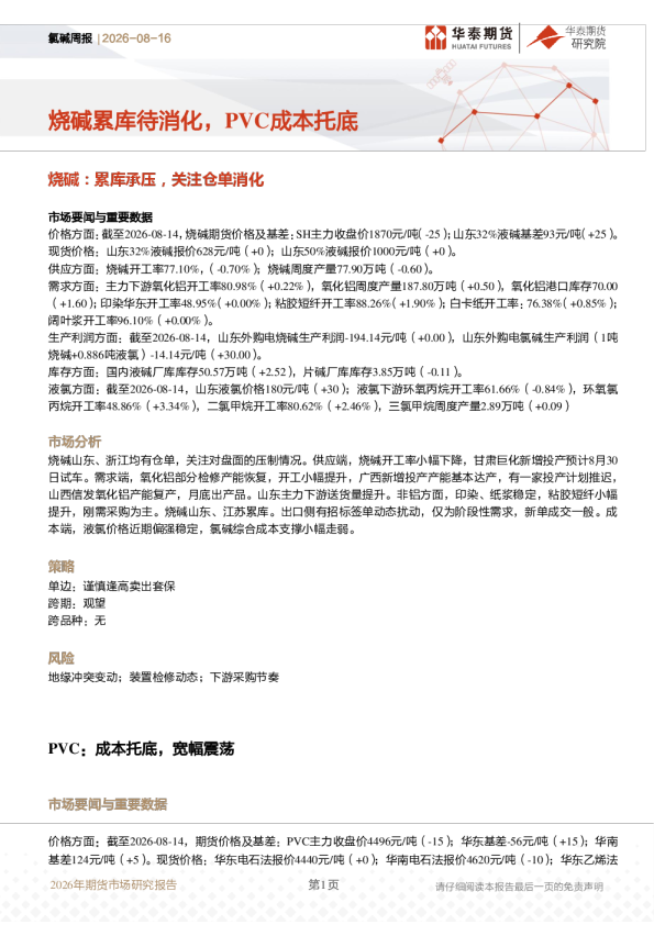 氯碱周报：烧碱累库待消化，PVC成本托底
