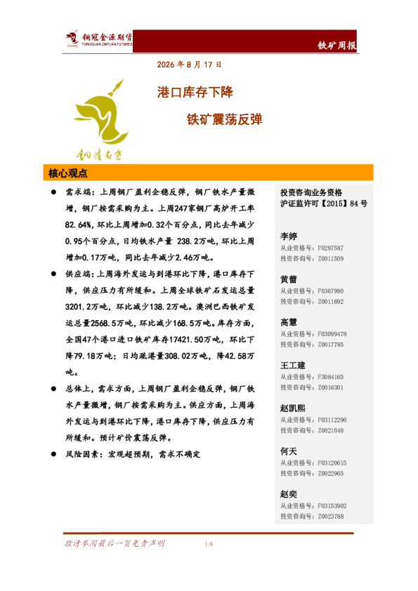 铁矿周报：港口库存下降 铁矿震荡反弹