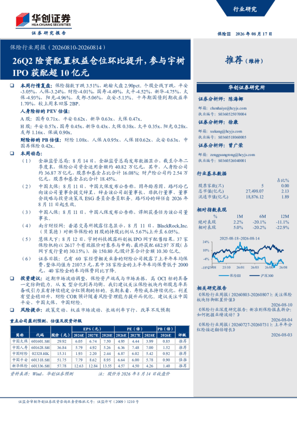保险行业周报（20260810-20260814）：26Q2险资配置权益仓位环比提升，参与宇树IPO获配超10亿元