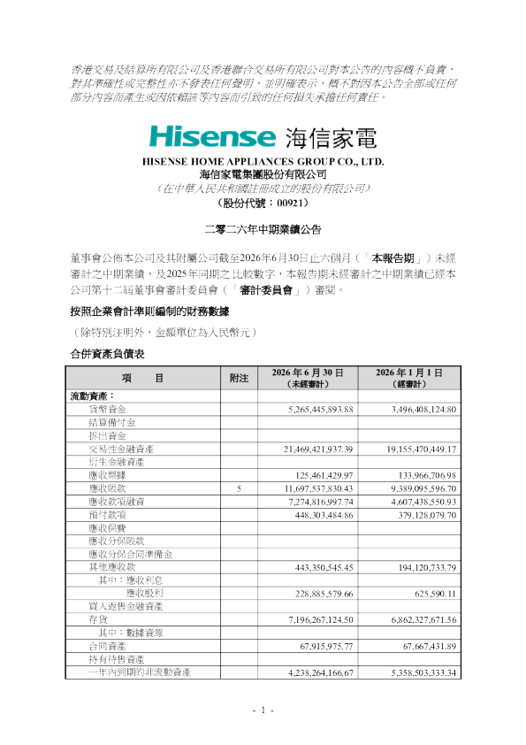 海信家电：二零二六年中期业绩公告