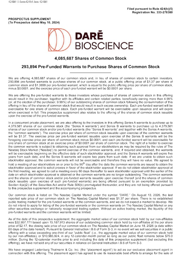 Dare Bioscience Inc美股招股说明书(2026-08-17版)
